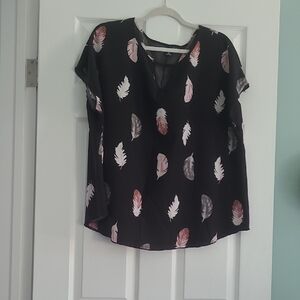 SHEIN Black and Pink Feather Print Blouse